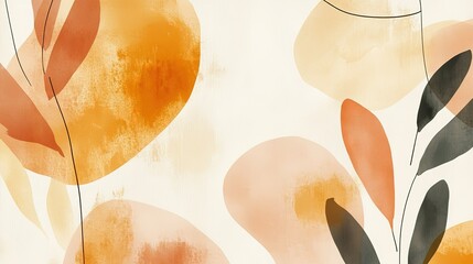 Close-up abstract watercolor painting with earthy autumn palette: Delicate black line art of leaves and flowers on white paper, soft brushstrokes creating serene nature-inspired artwork for packaging,