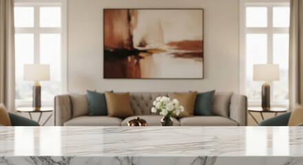 Obraz premium Clean white marble surface, blurred living room background, showcasing a spacious interior with sofa and artwork, ideal for product display or advertisement