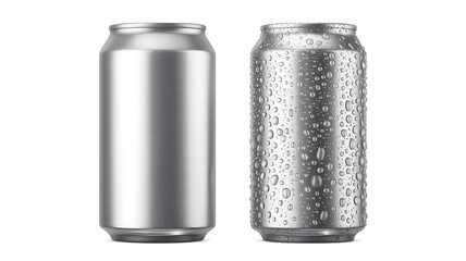 Two aluminum beverage cans one dry and one with water droplets isolated on white background