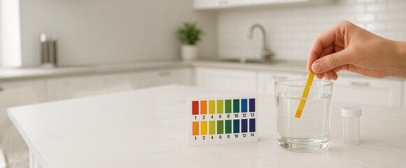 Hand testing water quality with ph test strip in modern kitchen. concept of environmental awareness, home safety, water purity, wide banner, copy space
