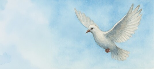 Obraz premium Watercolor white dove flying in blue sky with wings spread wide. Concept of peace, freedom, spirituality, hope, soft nature illustration. Copy space banner background, Dove of peace