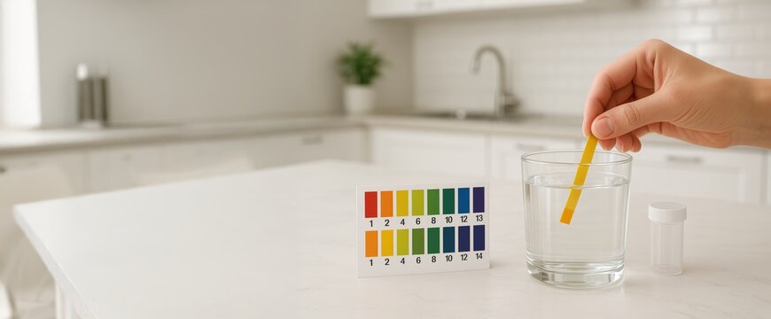 Hand testing water quality with ph test strip in modern kitchen. concept of environmental awareness, home safety, water purity, wide banner, copy space