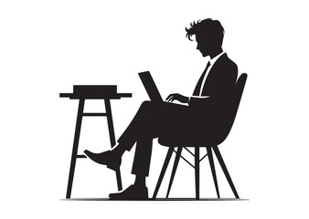 A man browsing laptop sitting on the chair in front of table Silhouette Vector