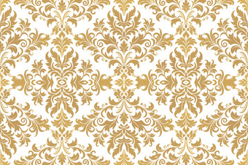 Seamless vintage floral damask pattern with antique gold baroque ornament illustration