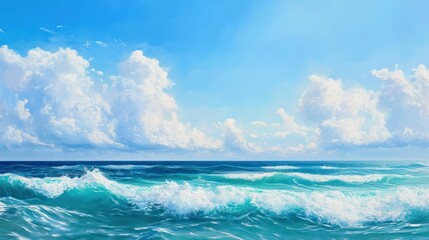 A digital painting of a blue ocean with white capped waves and a bright blue sky filled with white fluffy clouds