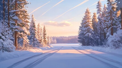 Obraz premium Winter landscape of snow-covered road amidst tall pine trees under a colorful dawn sky