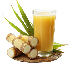A glass of fresh sugarcane juice with cut sugarcane stalks and green leaves on a woven tray. Png, Transparent background.