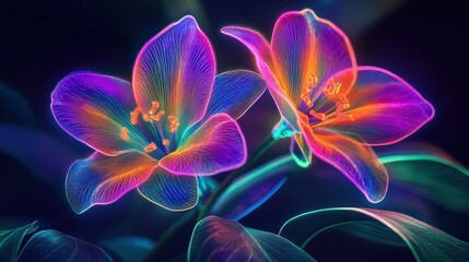 Fototapeta premium Two glowing, neon-colored flowers, intricate translucent petals against a dark background