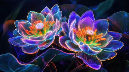 Obraz premium Two vibrant, glowing flowers with translucent petals are depicted against a dark backdrop