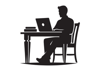 A man browsing laptop sitting on the chair in front of table Silhouette Vector