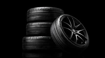 Black background with tires in the foreground. Close-up of car wheels. The concept is to place an advertising banner for tire services.