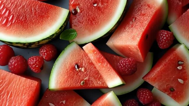 Refreshing watermelon and raspberry arrangement showcases summer fruits in vibrant colors