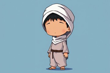 Chibi illustration of a cute character wearing a white robe and hood with blank face