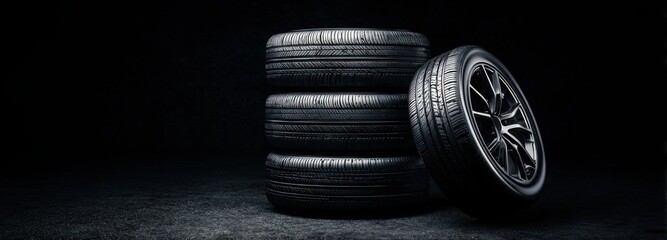 Black background with tires in the foreground. Close-up of car wheels. The concept is to place an advertising banner for tire services.