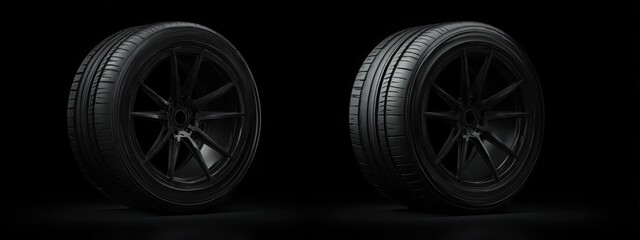 Black background with tires in the foreground. Close-up of car wheels. The concept is to place an advertising banner for tire services.