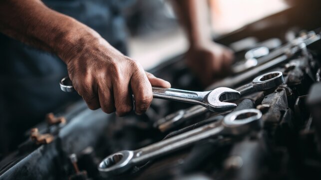 Car mechanic working with a wrench on a car engine, close-up view of hands holding a wrench
