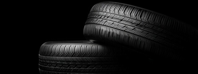 Black background with tires in the foreground. Close-up of car wheels. The concept is to place an advertising banner for tire services.