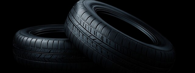 Black background with tires in the foreground. Close-up of car wheels. The concept is to place an advertising banner for tire services.