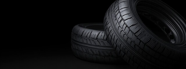 Black background with tires in the foreground. Close-up of car wheels. The concept is to place an advertising banner for tire services.