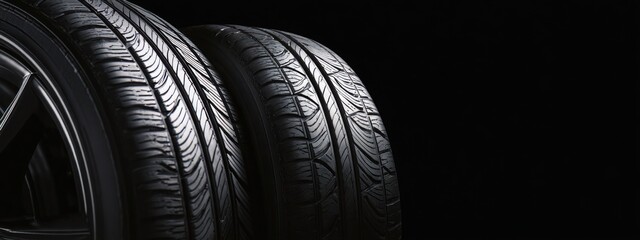 Black background with tires in the foreground. Close-up of car wheels. The concept is to place an advertising banner for tire services.