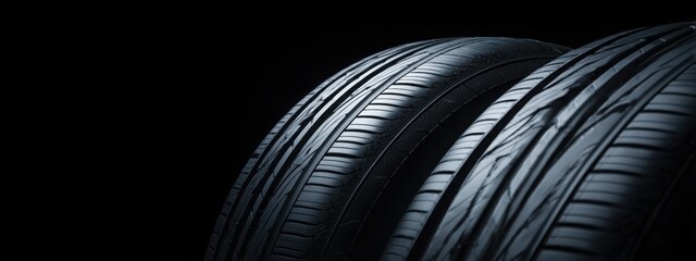 Black background with tires in the foreground. Close-up of car wheels. The concept is to place an advertising banner for tire services.
