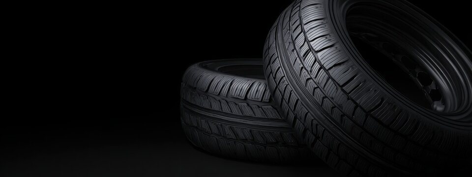 Black background with tires in the foreground. Close-up of car wheels. The concept is to place an advertising banner for tire services.