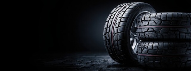 Black background with tires in the foreground. Close-up of car wheels. The concept is to place an advertising banner for tire services.