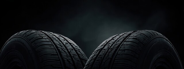 Black background with tires in the foreground. Close-up of car wheels. The concept is to place an advertising banner for tire services.