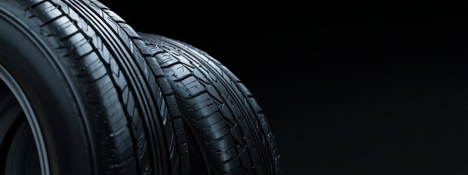 Black background with tires in the foreground. Close-up of car wheels. The concept is to place an advertising banner for tire services.