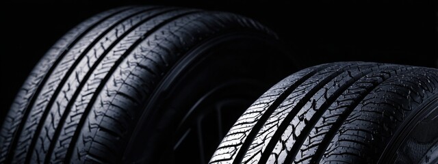 Black background with tires in the foreground. Close-up of car wheels. The concept is to place an advertising banner for tire services.