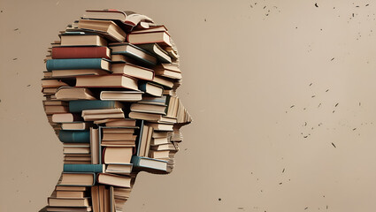 stack of books with human head shape / Creative bookshelf shaped like human head knowledge learning concept copy space image