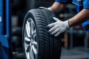 Close-up of a mechanic in uniform and gloves handling a brand new car tire with alloy wheel inside a service garage.