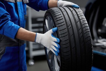 Fototapeta premium Close-up of a mechanic in uniform and gloves handling a brand new car tire with alloy wheel inside a service garage.