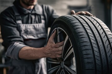 Close-up of a mechanic in uniform and gloves handling a brand new car tire with alloy wheel inside a service garage.