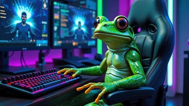 Anthropomorphic frog in hoodie playing computer games in neon-lit gaming room with multiple monitors. Concept of surreal gamer culture