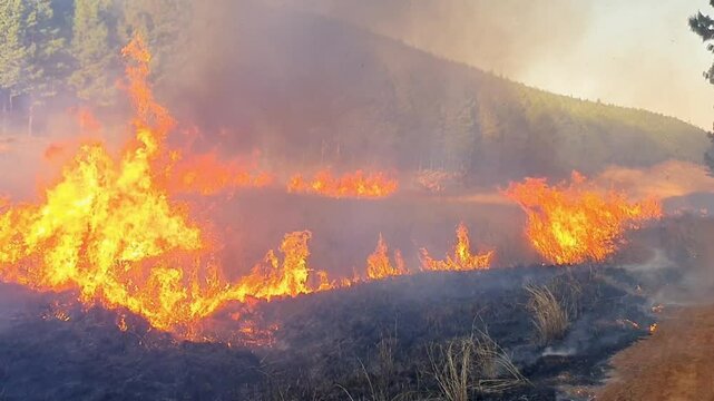 Close up of prescribed controlled fire in forest, burn with a lot of flames, smoke and wind