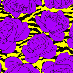 Abstract Line Drawing Roses Seamless Vector Pattern with Zebra Tiger Stripes Isolated Background
