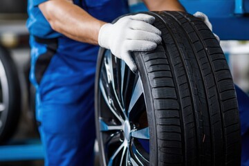 Obraz premium Close-up of a mechanic in uniform and gloves handling a brand new car tire with alloy wheel inside a service garage.