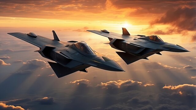 Futuristic Fighter Jet on Desert Runway at Dramatic Sunset