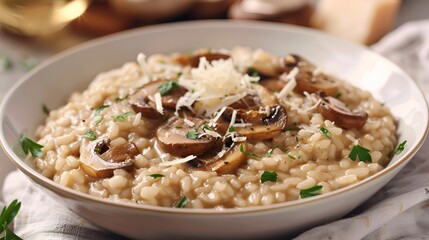 A bowl of rich and creamy mushroom risotto with Parmesan cheese.