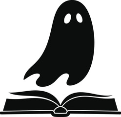 A black silhouette of a ghost hovering above an open book against a white background image art
