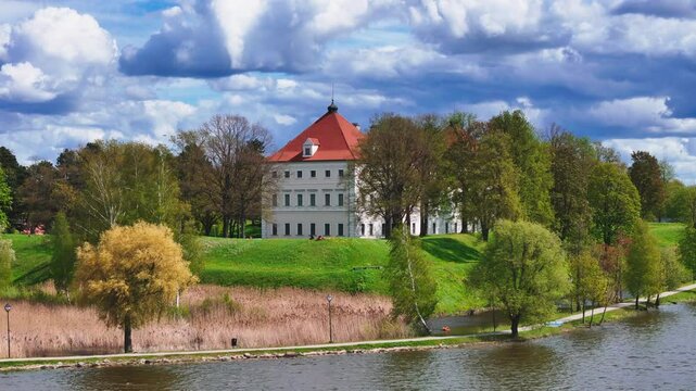 Birzai Castle On The Southern Shore Of Lake Sirvena In Northern Lithuania. Aerial Drone Shot