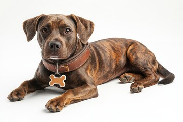 Dog with Brown Collar and Bone-Shaped Tag