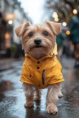 Dog in Raincoat on City Street