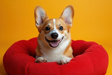 Cute Corgi in Red Dog Bed