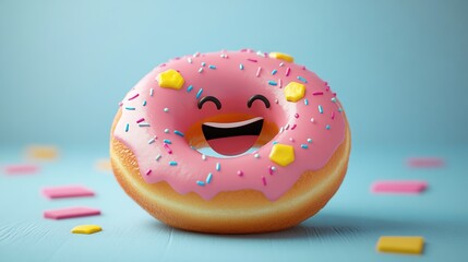 Smiling pink donut with sprinkles and candy toppings on light blue background