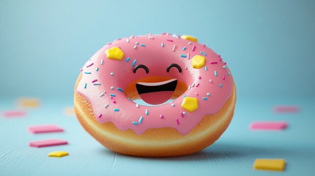Smiling pink donut with sprinkles and candy toppings on light blue background