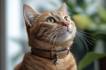 Adorable Cat Wearing a Leather Collar