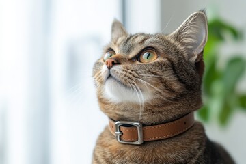 Adorable Cat Wearing a Leather Collar