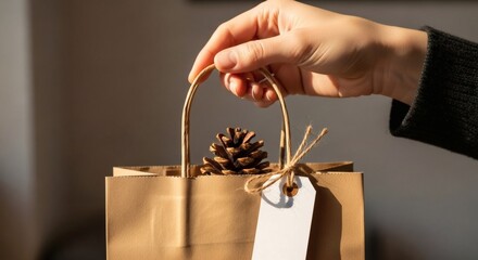 Hand presents a charming kraft paper gift bag, adorned with a rustic pinecone and blank tag, perfect for thoughtful, eco-conscious gifting and the warmth of a simple, heartfelt present.